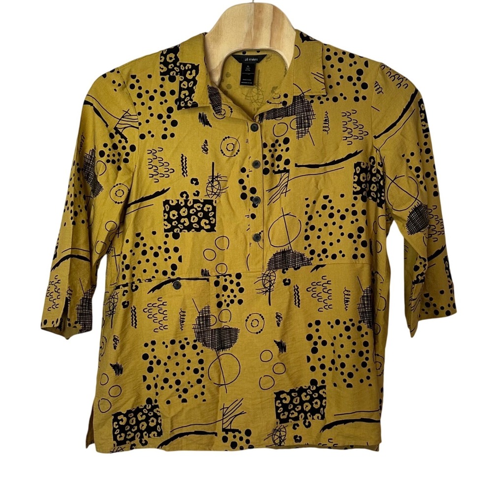 Ali Miles Artsy Lagenlook Geometric Abstract Print Blouse‎ Size XL Yellow Black
